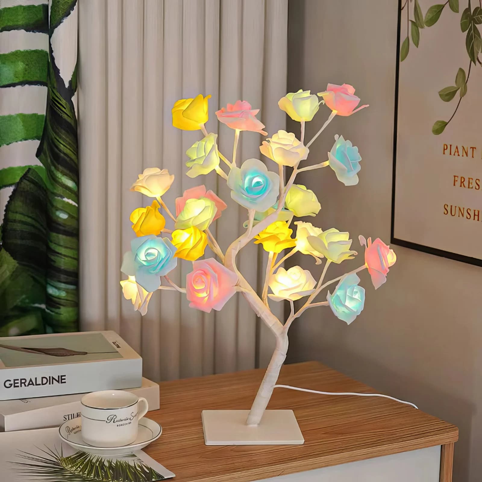 USB stolová lampa v tvare ružového stromu s viacfarebným LED osvetlením