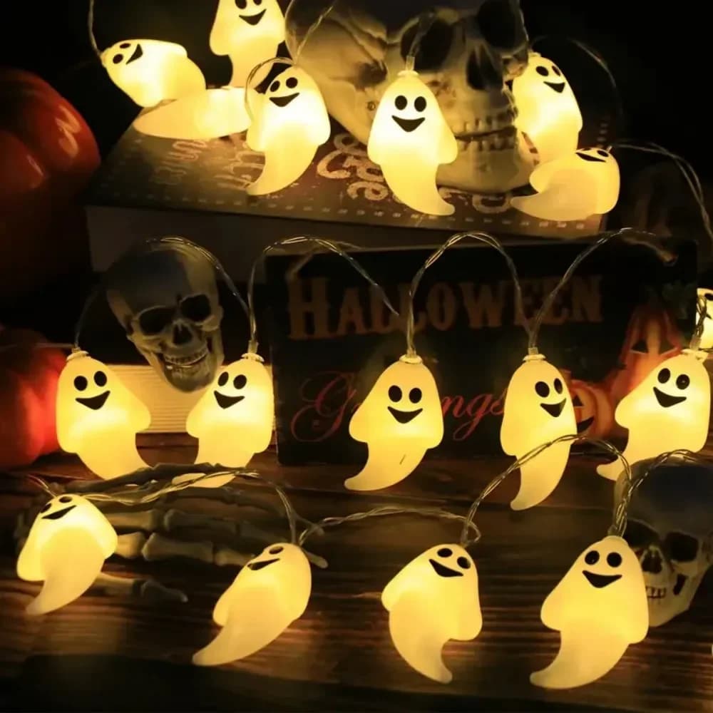Halloween reťazové svetlá s usmiatymi tvárami, teplá biela