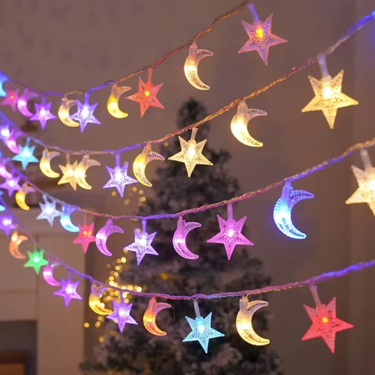 Solárne svetelné reťaze hviezda a mesiac, teplá biela/multicolor