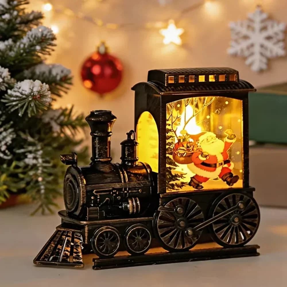 Teplá biela LED nočné svetlo s vianočným vlakom a scénou so Santa Clausom