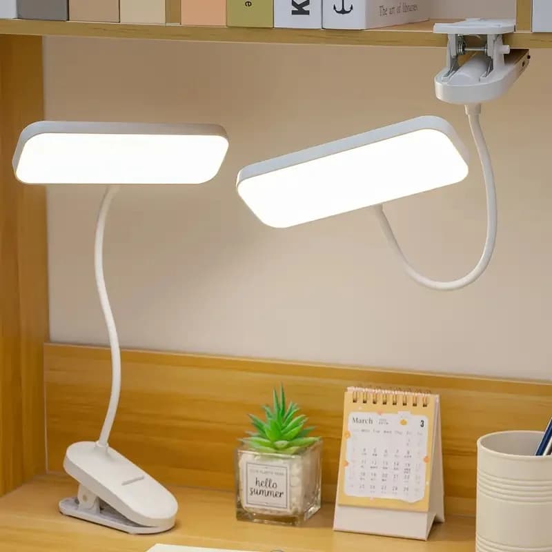 USB nabíjateľná LED stolová lampa s klipom, stmievateľná